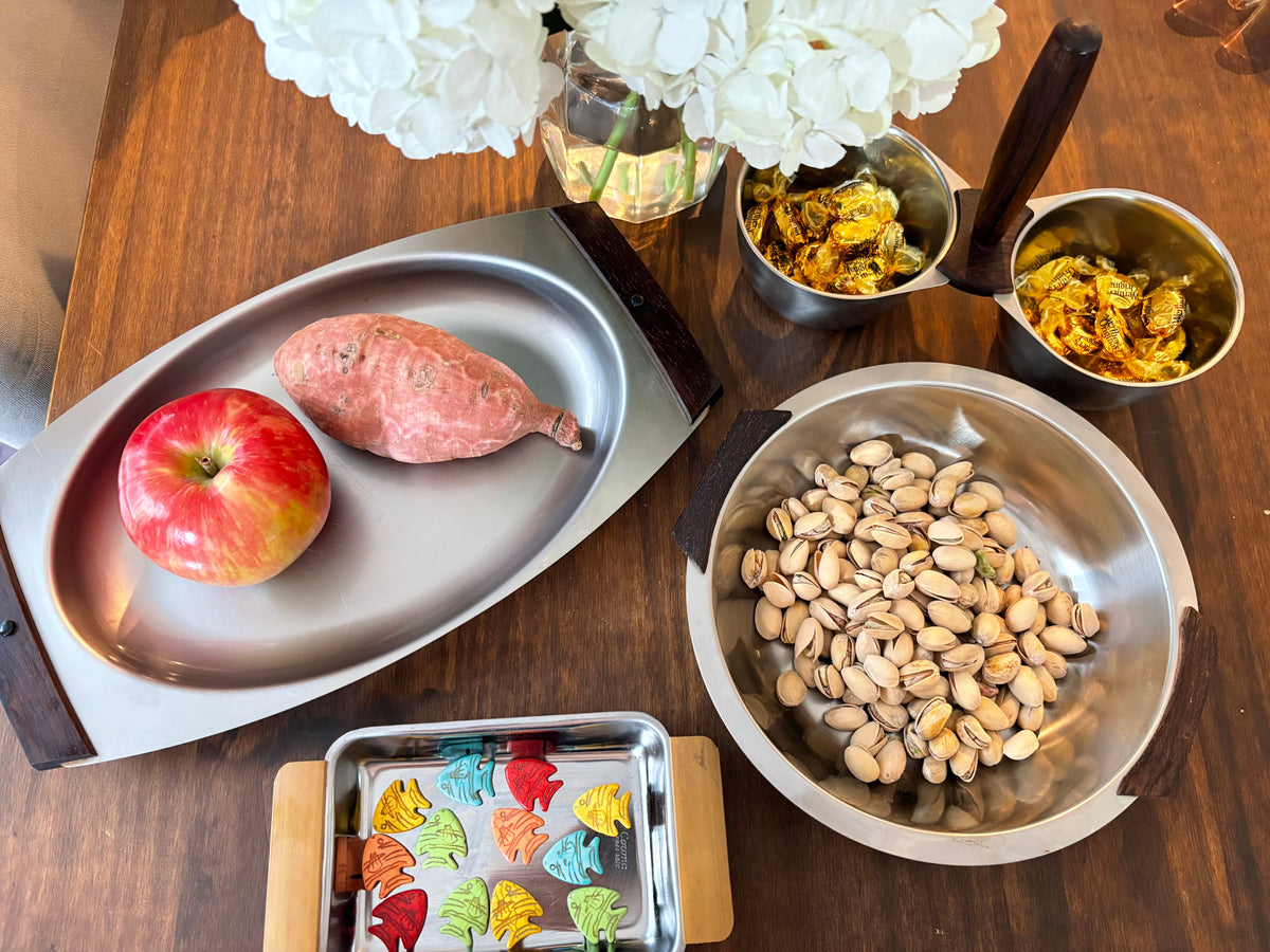 MCM Double Bowl Serving Dish | Stainless Steel & Wood