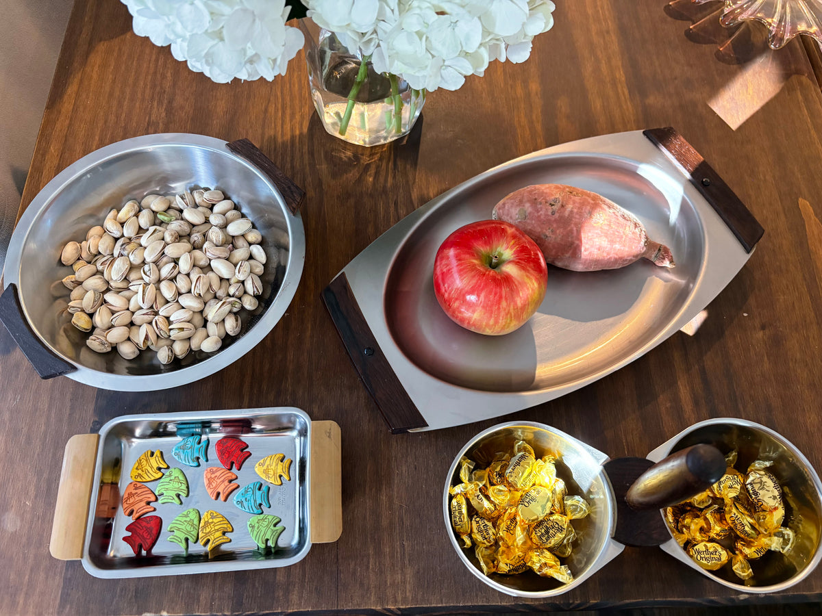 MCM Double Bowl Serving Dish | Stainless Steel & Wood