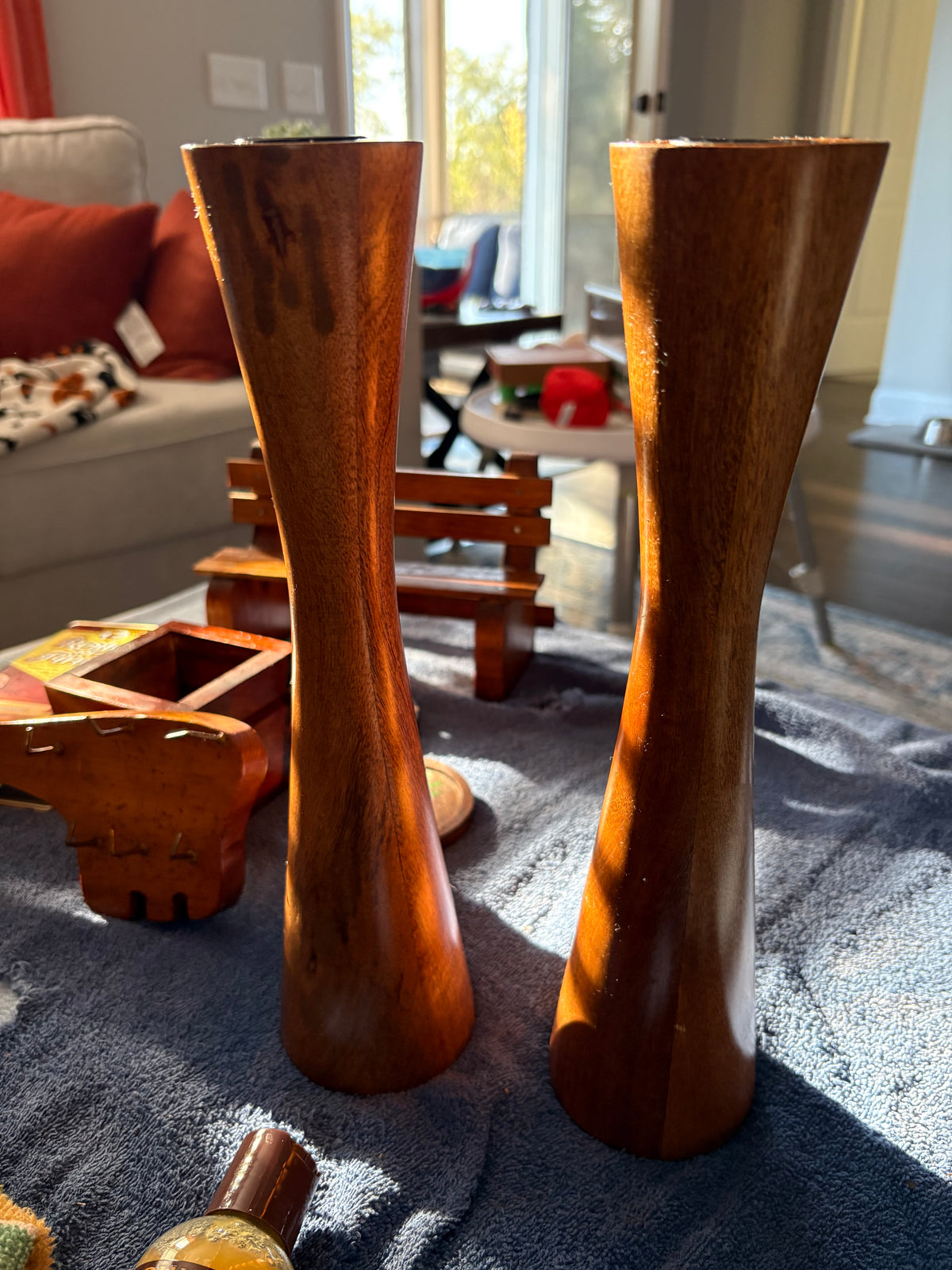 MCM Wooden Hourglass Candlestick Holders | Pair