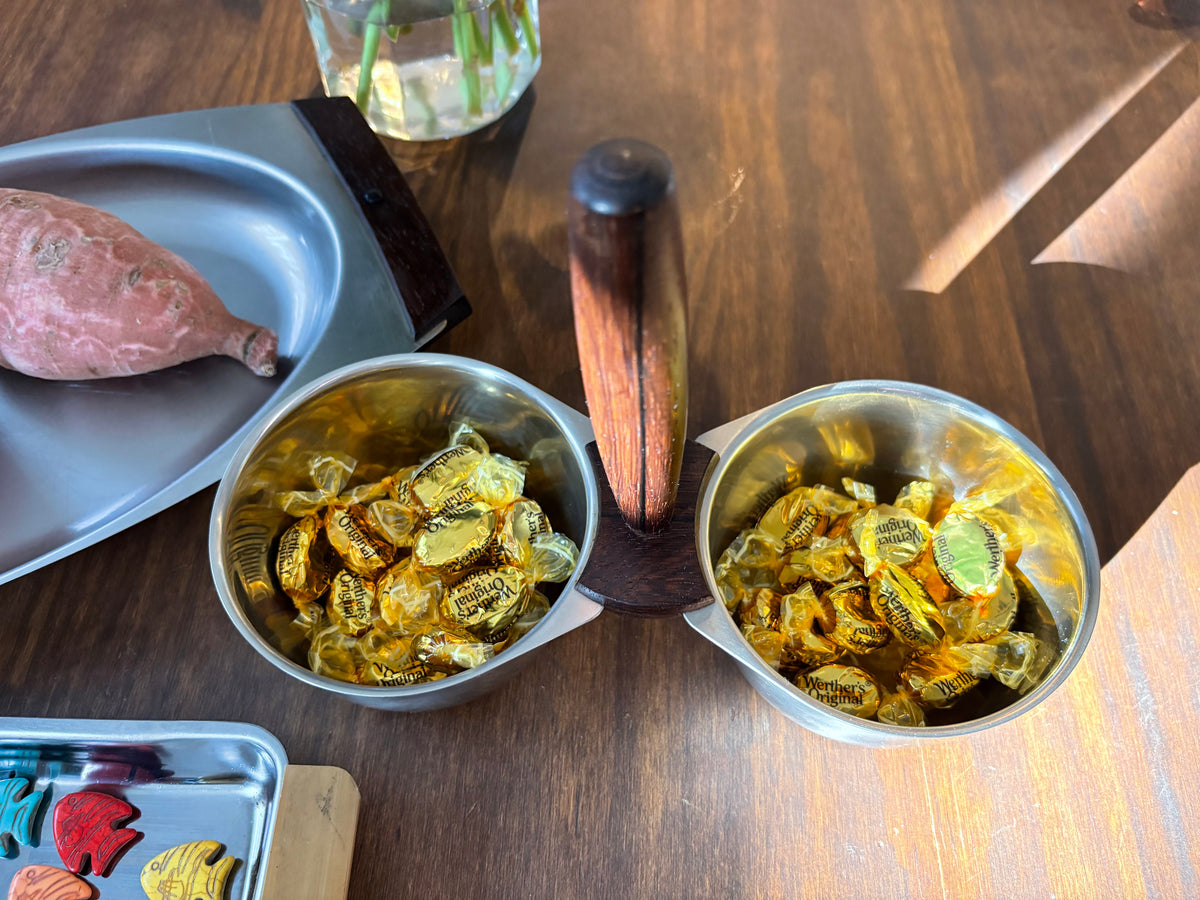 MCM Double Bowl Serving Dish | Stainless Steel & Wood