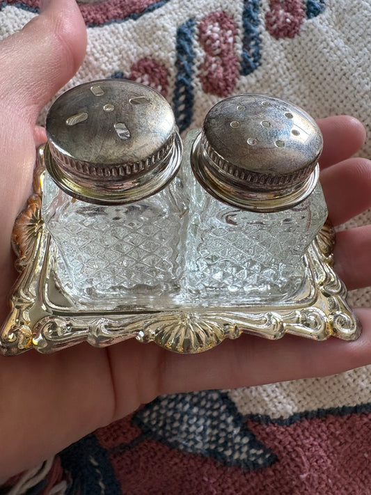 Mini Silver Plated Salt & Pepper Shakers | On Tray