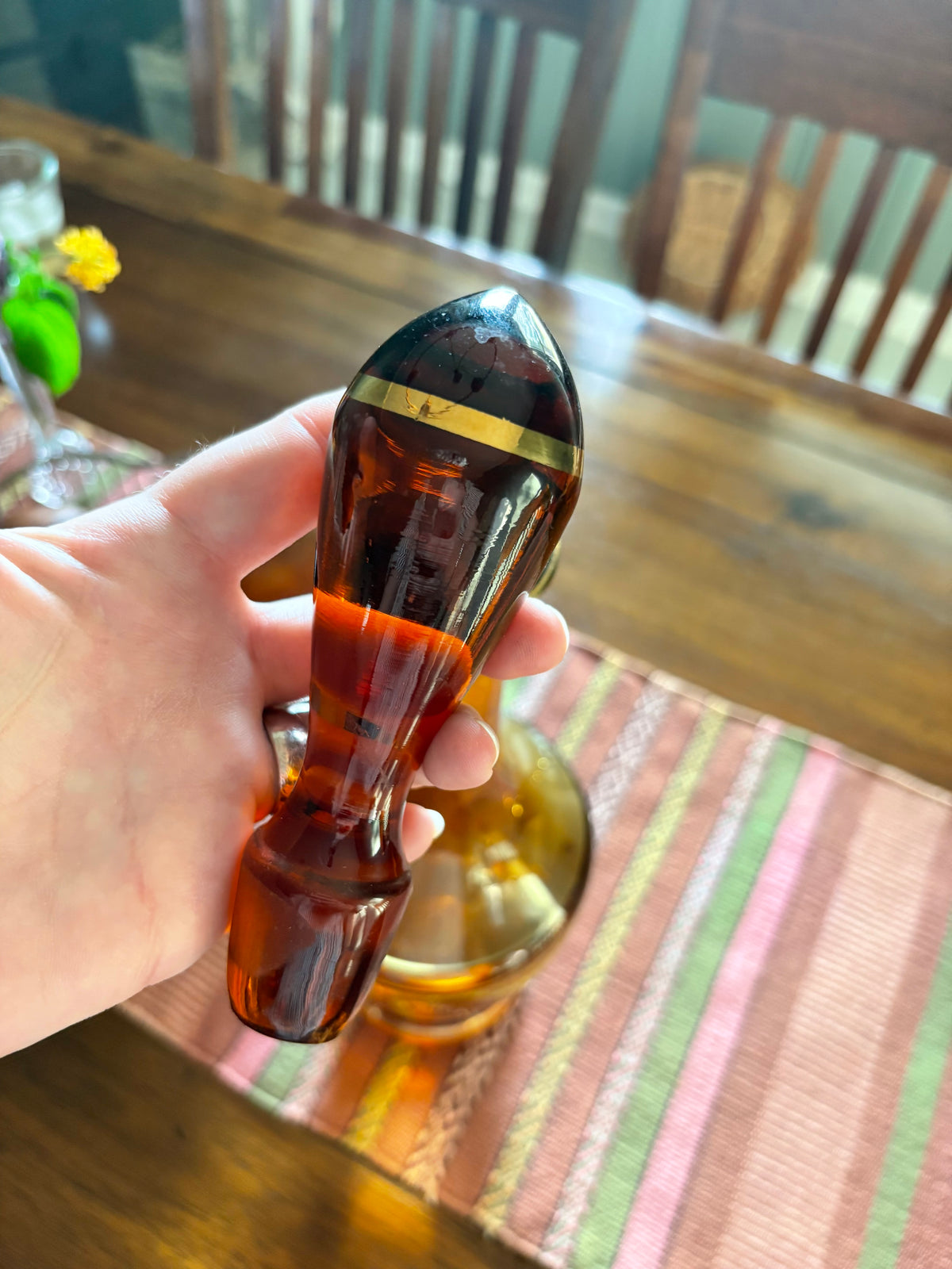Amber Glass | Gold Flower Decanter w/ Glass Stopper