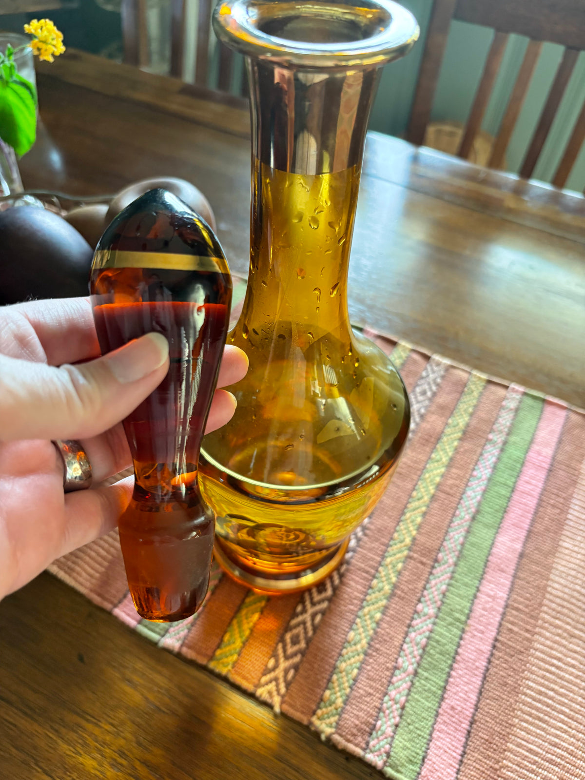 Amber Glass | Gold Flower Decanter w/ Glass Stopper