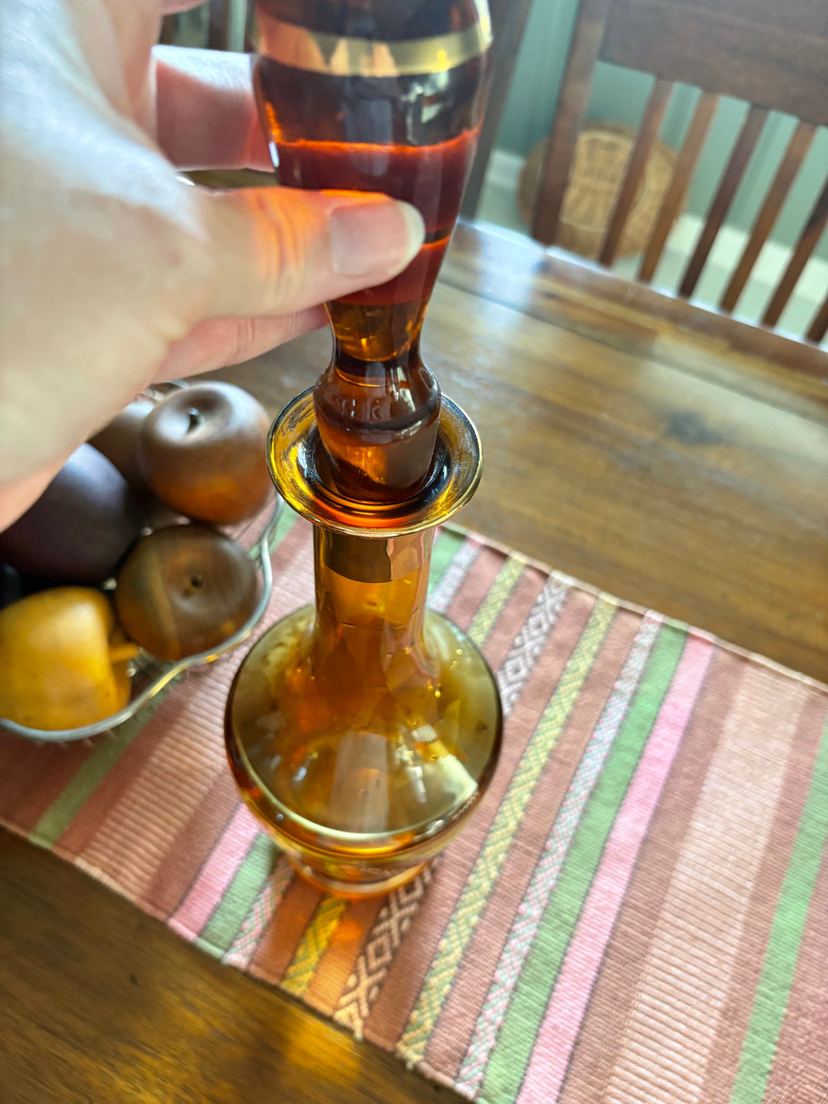 Amber Glass | Gold Flower Decanter w/ Glass Stopper