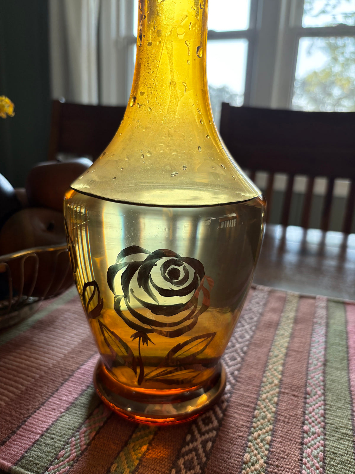 Amber Glass | Gold Flower Decanter w/ Glass Stopper