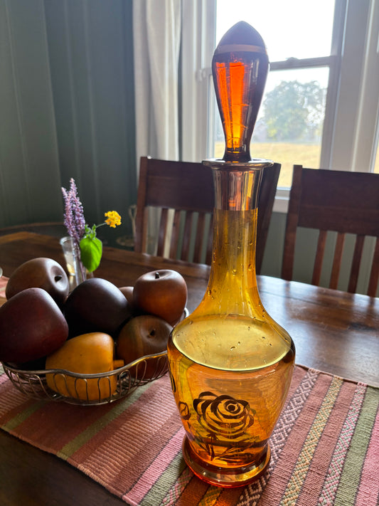 Amber Glass | Gold Flower Decanter w/ Glass Stopper