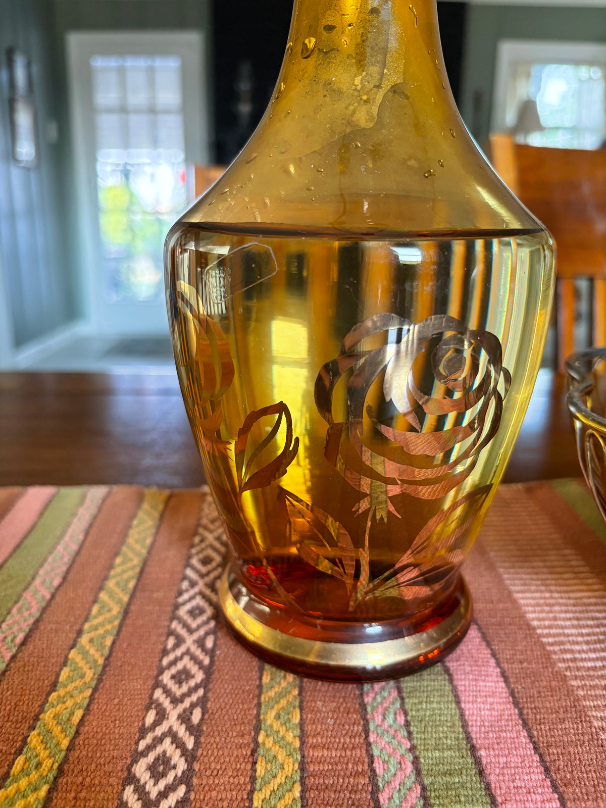 Amber Glass | Gold Flower Decanter w/ Glass Stopper