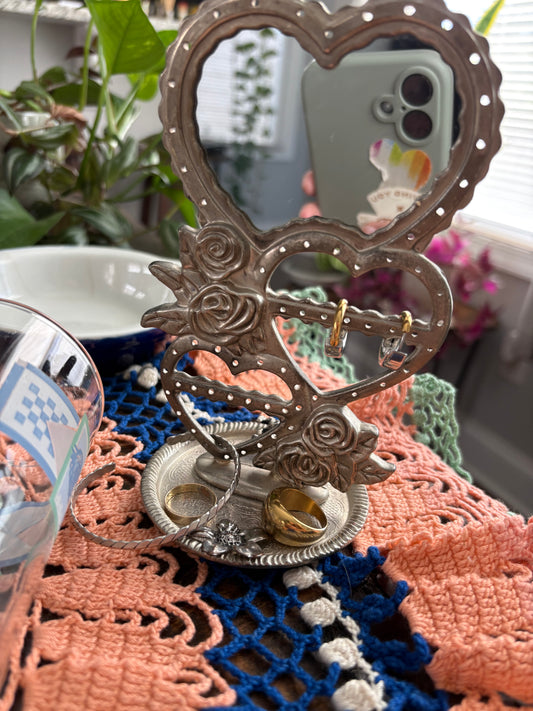 Silver Plated Triple Hearts & Rose Jewelry Tree w/ Mirror